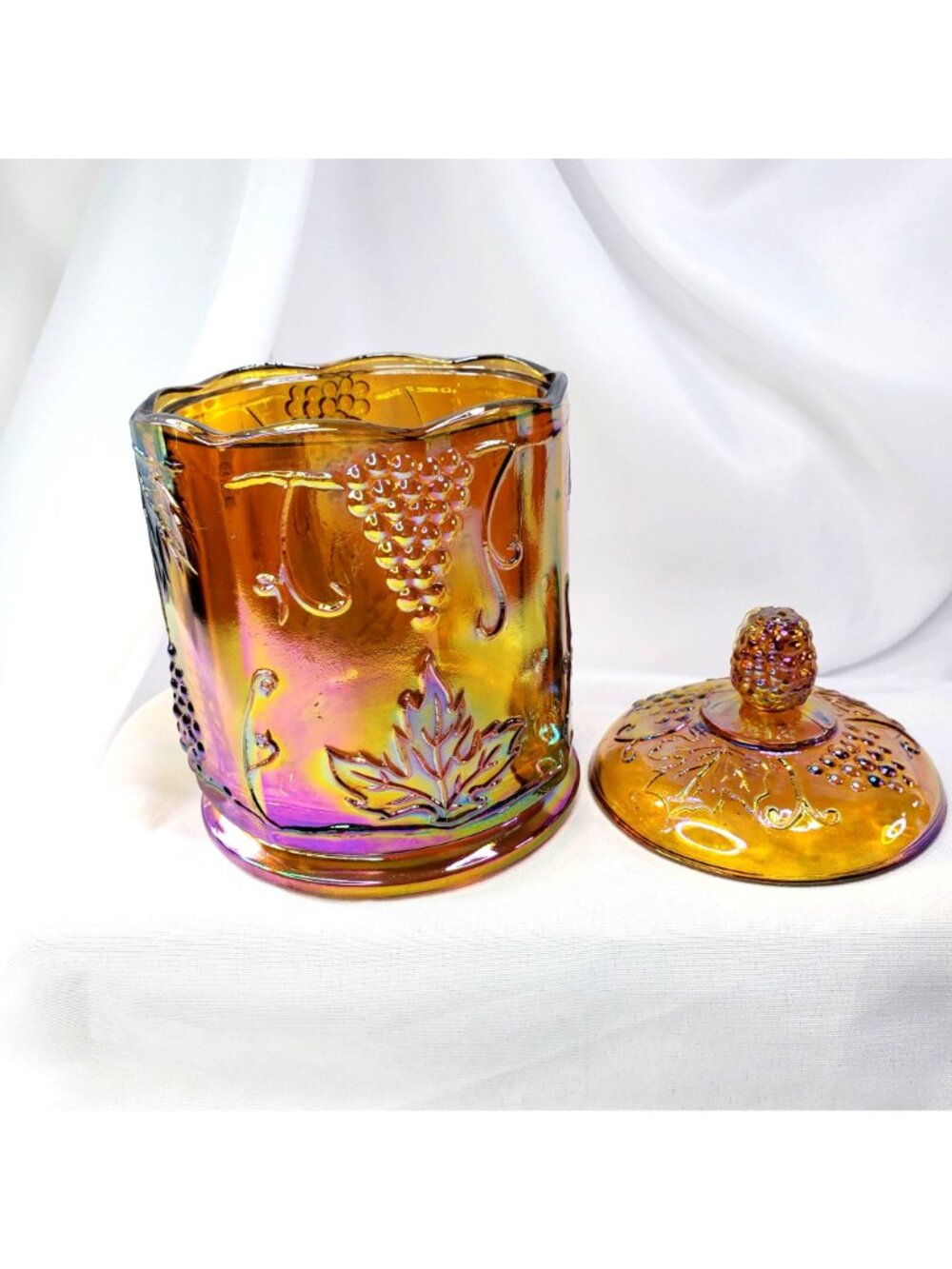 VTG Marigold Carnival Glass Canister Jar & Lid 7" Harvest Grape Indiana Glass - Picture 10 of 16